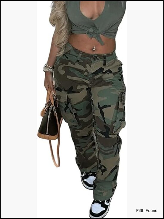 Pants - High Waist Camo Cargo Pants Slim Fit Elastic Trousers with Pockets